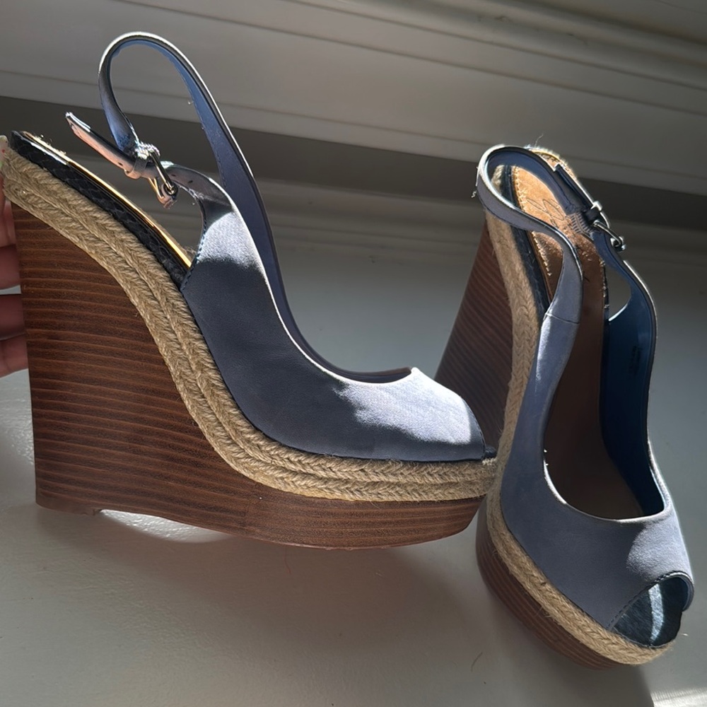 Badgley Mischka Blue and Brown Wedge Sandals